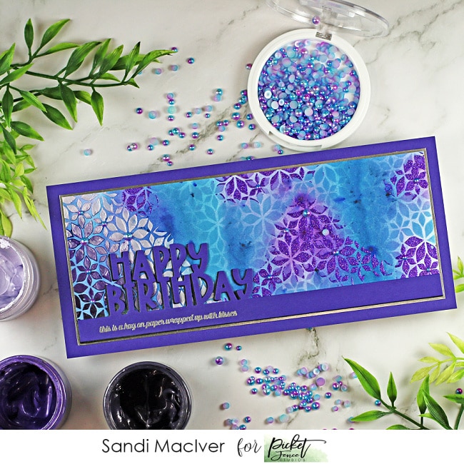 purple and blue, mixed media handmade slimline birthday card using new card making products from Picket Fence Studios