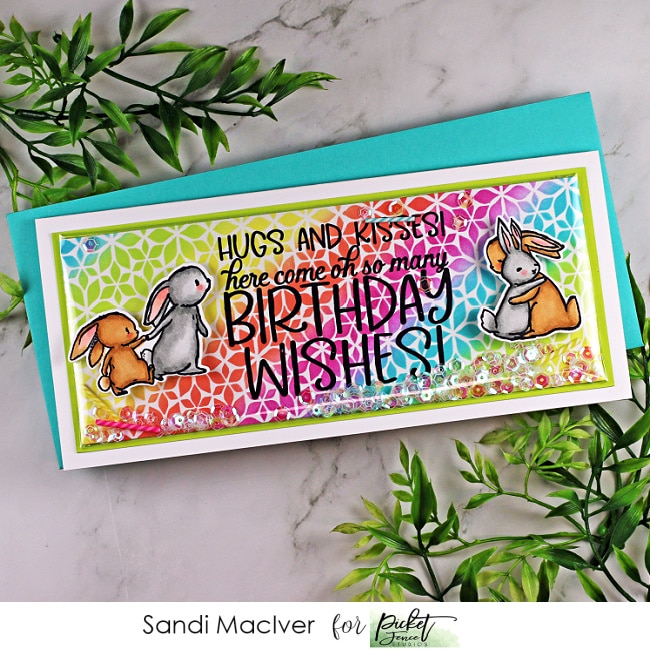 handmade Mini Slimline Shaker Card with a rainbow background and little bunnies created with Paper crafting products from Picket Fence Studios