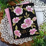 handmade black greeting card with pink flowers and gold leaves using paper crafting products from Spellbinders