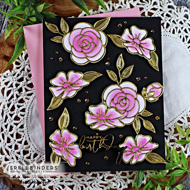 handmade black greeting card with pink flowers and gold leaves using paper crafting products from Spellbinders