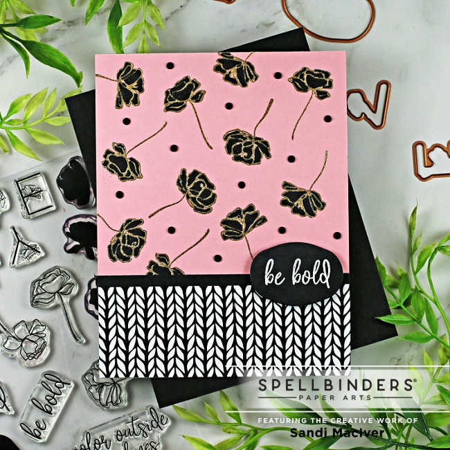 pink and black floral card with black flowers and black and white trim created with cardmaking products from Spellbinders