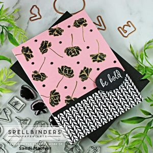 pink and black floral card with black flowers and black and white trim created with cardmaking products from Spellbinders