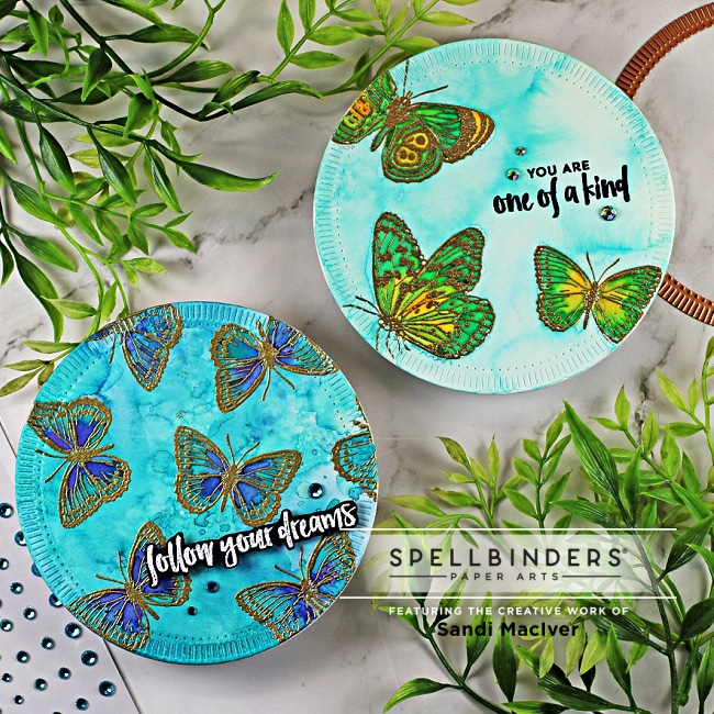 handmade round cards with watercolor butterflies using new cardmaking products from Spellbinders