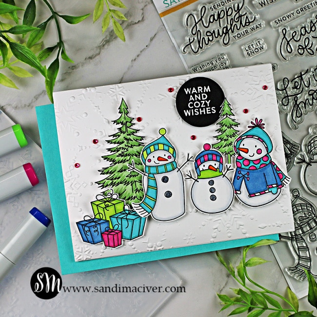 handmade winter card with snowmen and a christmas tree using cardmaking products from Simon Says Stamp