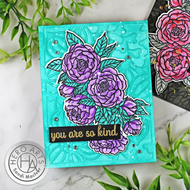 handmade turquoise and purple greeting card with peonies created with new card making supplies from Hero Arts