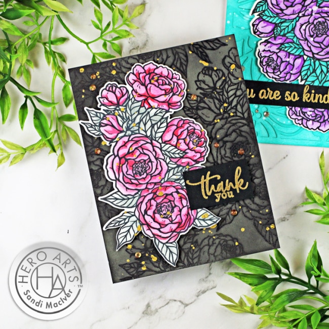 handmade greeting card with pink roses on a gray and black embossed background created using cardmaking products from Hero Arts