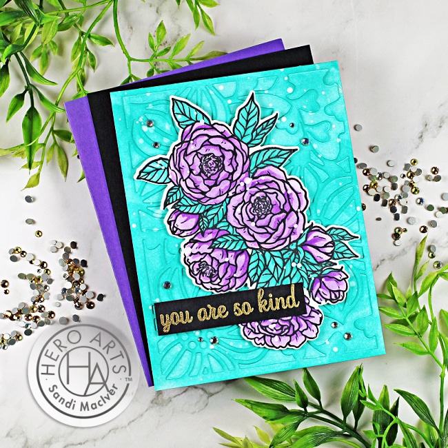 handmade turquoise and purple greeting card with peonies created with new card making supplies from Hero Arts