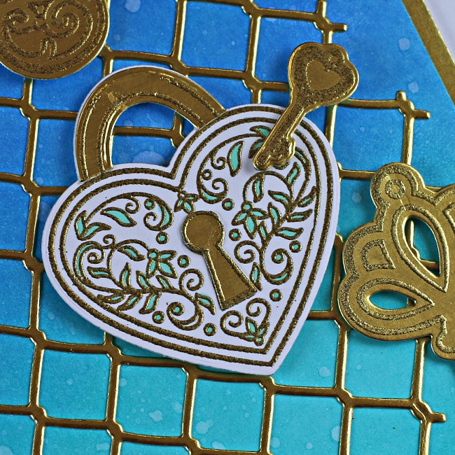 handmade card in blue and green with hearts created with cardmaking products from Hero Arts