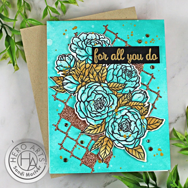 handmade greeting card in turquoise and gold using new cardmaking products from Hero Arts