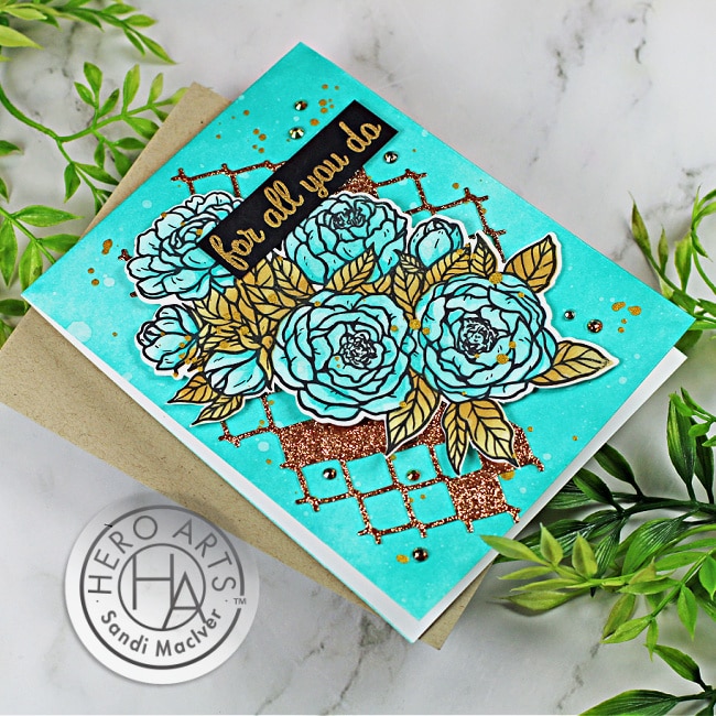 handmade greeting card in turquoise and gold using new cardmaking products from Hero Arts