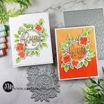 two handmade cards with a green and orange floral wreath on the front created with new cardmaking products from Simon Says Stamp