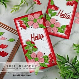 handmade mini slimline cards in three shades of pink colored in die cut florals created with new card making products from Spellbinders