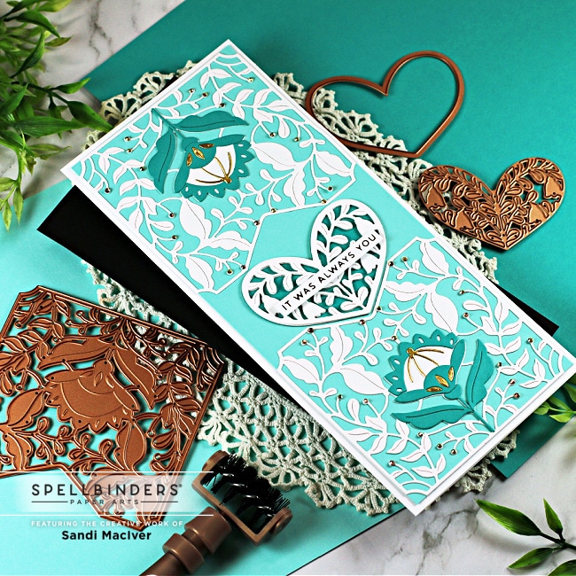 turquoise and white hand made slimline die card card created with card making products from Spellbinders
