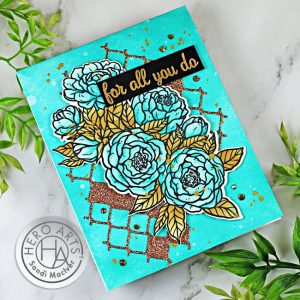 handmade greeting card in turquoise and gold using new cardmaking products from Hero Arts