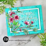 hand made greeting card with a teal background and pink florals created with paper crafting supplies from Waffle Flowers