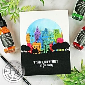 hand made watercolor card with a watercolor city scape using new card making supplies from Hero Arts