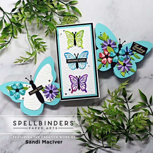 three handmade butterfly cards with flowers using card making supplies from Spellbinders