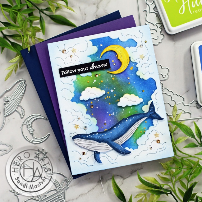 handmade greeting card with a cloudy sky a whale and a moon using new card making products from Hero Arts