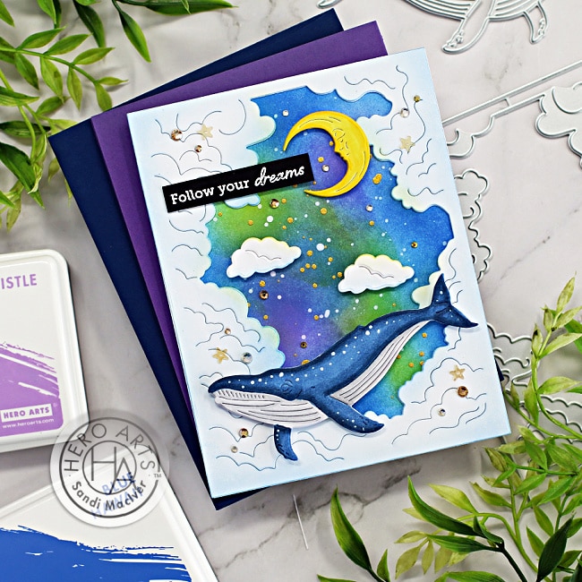 handmade greeting card with a cloudy sky a whale and a moon using new card making products from Hero Arts