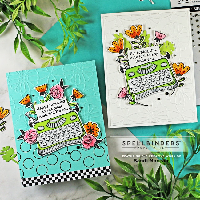 two hand made cards with a typewriter and flowers using card making supplies from Spellbinders