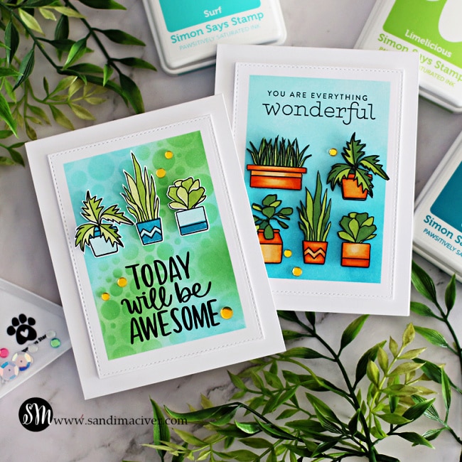 handmade cards with little colored plants created with new card making products from Simon Says Stamp