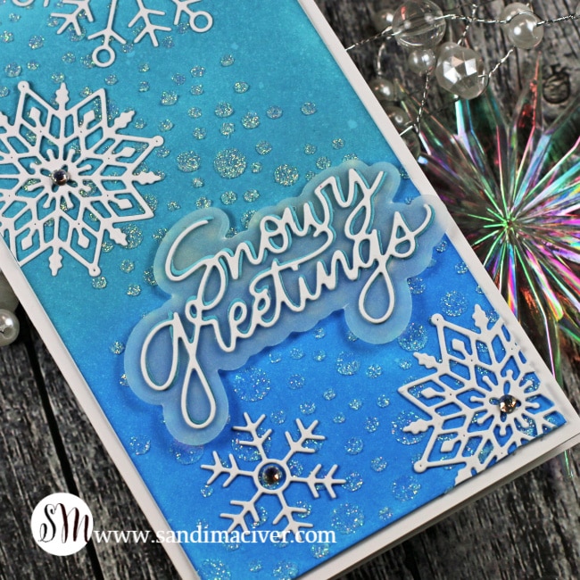 handmade slimline card in shades of blue with die cut snowflakes using new cardmaking products from SImon Says Stamp