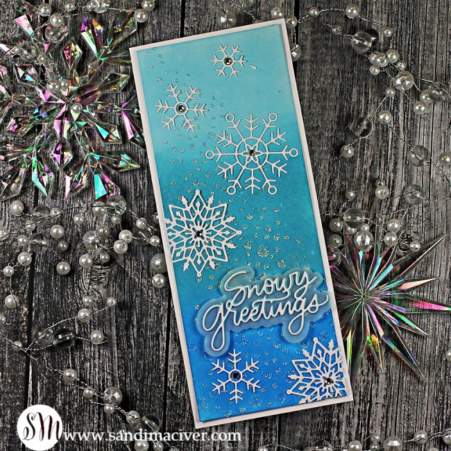 handmade slimline card in shades of blue with die cut snowflakes using new cardmaking products from SImon Says Stamp