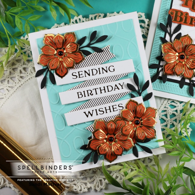hand made cards in turquoise and orange created with new card making products from Spellbinders