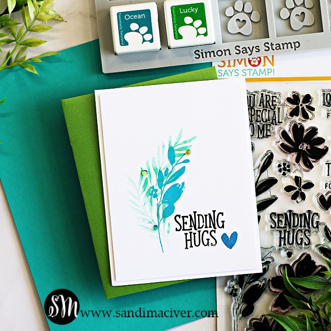 handmade greeting card with brush stroke leaves in blues and greens using new card making products from Simon Says Stamp