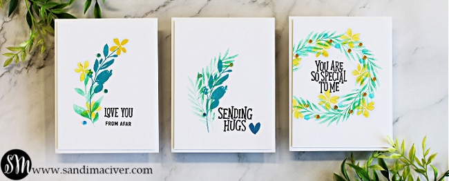 three handmade cards with watercolored leaves and flowers using new card making supplies from Simon Says Stamp