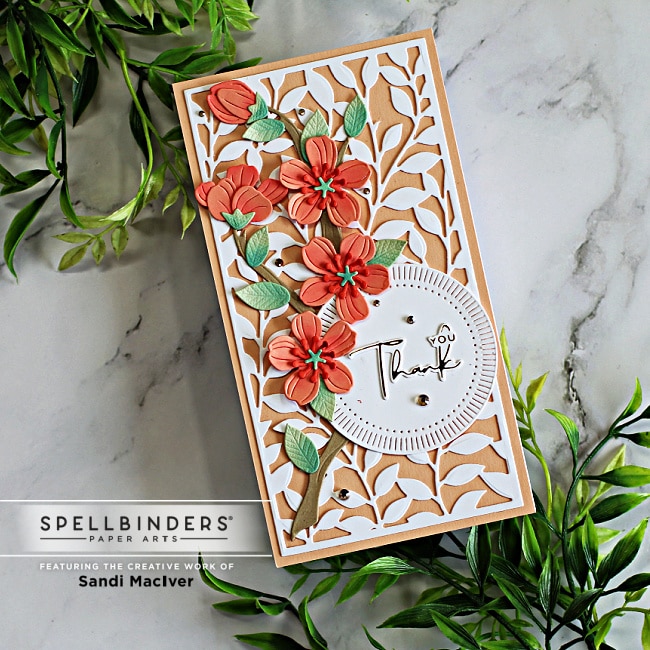 handmade Mini Slimline Card with peach die cut flowers created with new card making products from Spellbinders