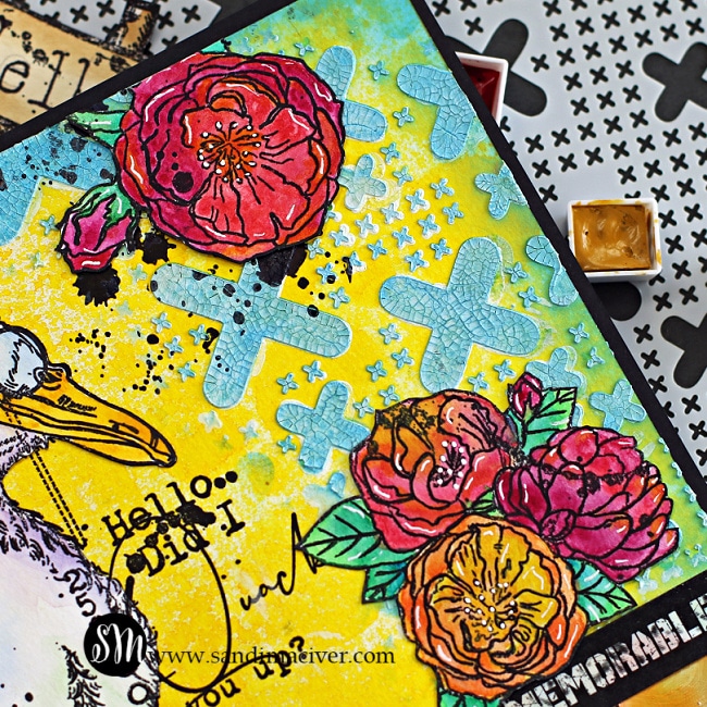 art journal page with a duck and flowers created with card making supplies from AALL & Create