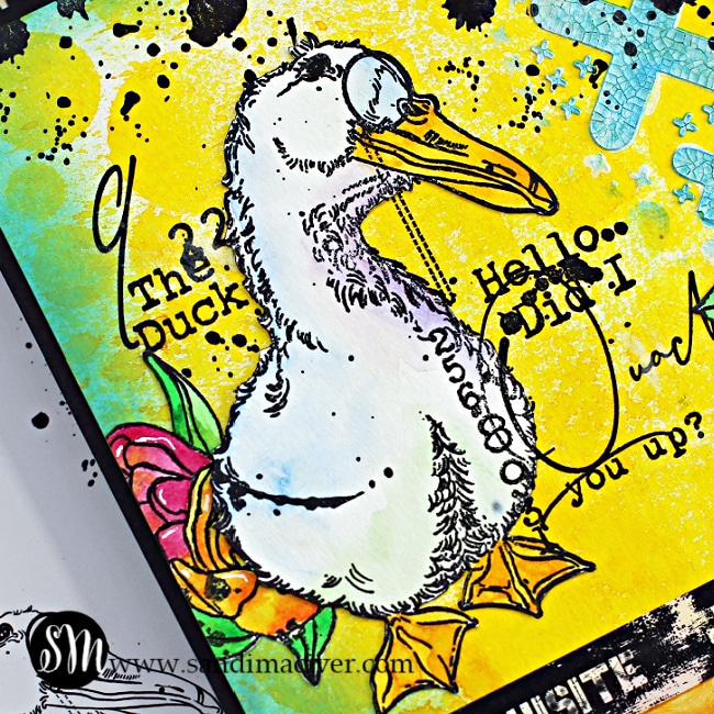 art journal page with a duck and flowers created with card making supplies from AALL & Create