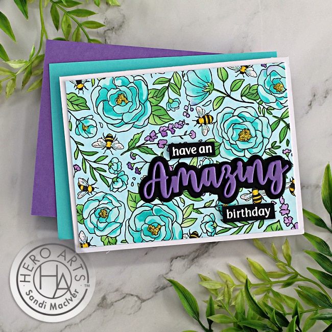 handmade greeting cards with flowers and bees in blues and purples using new card making products from Hero Arts