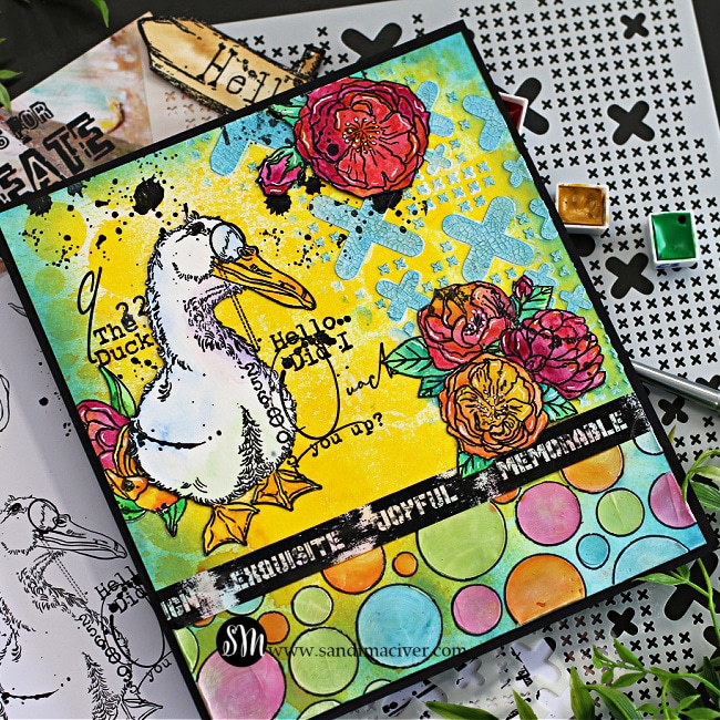 art journal page with a duck and flowers created with card making supplies from AALL & Create