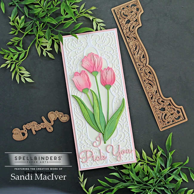handmade slimline card with a filigree white background and pink tulips created with new card making and die cutting products from Spellbinders