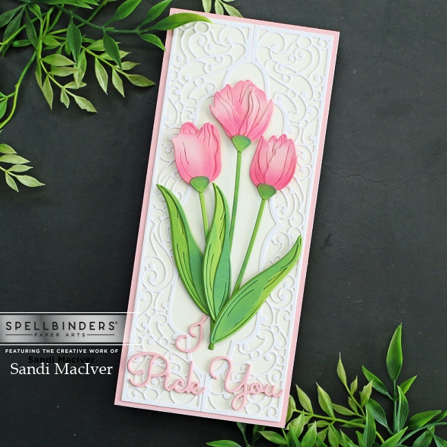 handmade slimline card with a filigree white background and pink tulips created with new card making and die cutting products from Spellbinders