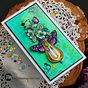 Mini Slimline greeting card created with a watercolor background and a colored image of a light bulb, flowers and butterflies using card making products from AALL & Create and available through Simon Says Stamp