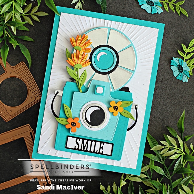 handmade greeting card with a big blue camera and orange florals created with new die cutting products from Spellbinders by sandimaciver.com