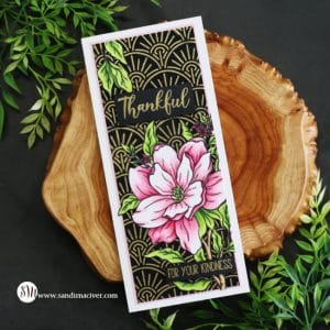 handmade slimline card with a pink magnolia on a gold embossed black background created with new card making supplies from Simon Says Stamp