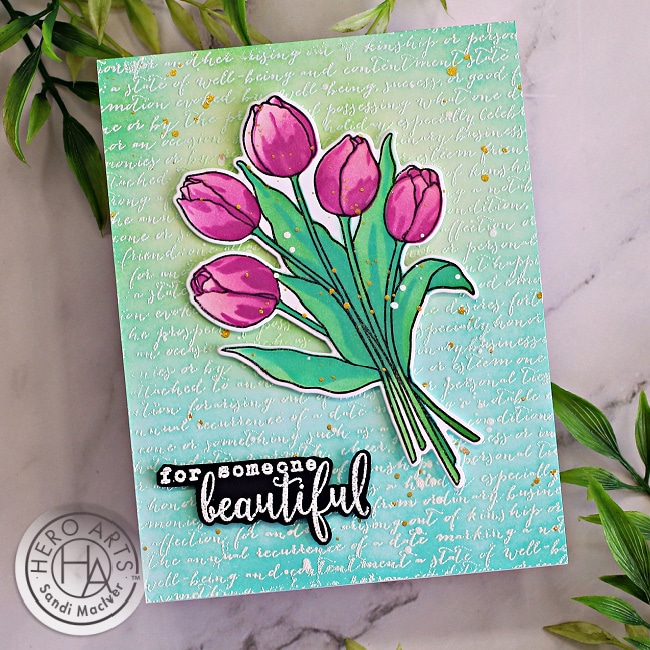 green blue and pink floral card with tulips and a blended ink background created with the card making kit of Color Layering Stencils from Hero Arts