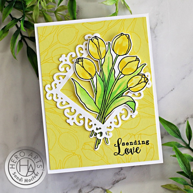 hand made greeting card with yellow tulips and a stamped background using the Color Layering Stencils kit for paper crafting from Hero Arts