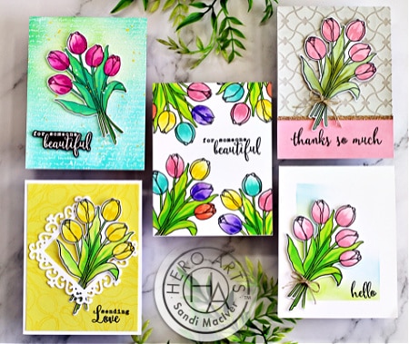 Handmade greeting cards using the Hero ARts Tulip Bouquet and Triple Layer Stenciling kit for card making and paper crafting