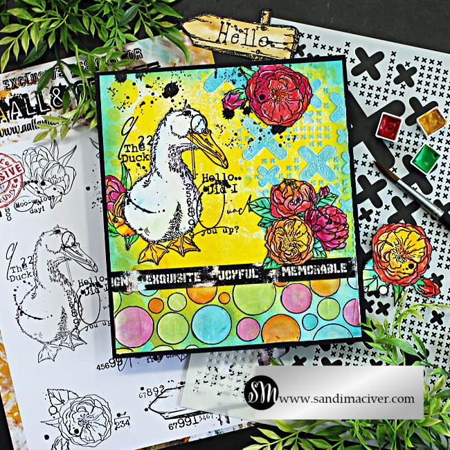 art journal page with a duck and flowers created with card making supplies from AALL & Create