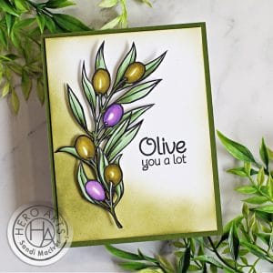 handmade card with colored olives on a green background created with new card making products from Hero Arts