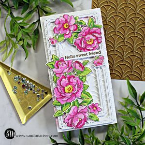 handmade mini slimline card with Pink peony flowers created with new card making supplies from Pinkfresh Studio