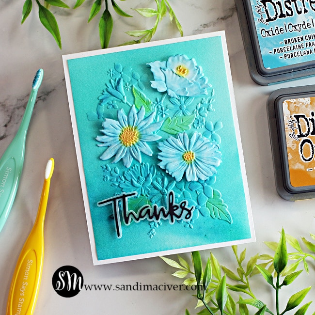 teal hand made thank you card with flowers using new card making products from Simon Says Stamp