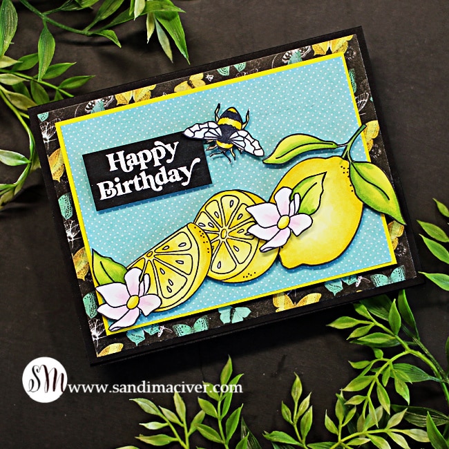 Yellow and turquoise hand made card with copic colored lemons flowers and bees created with card making supplies from Simon Says Stamp
