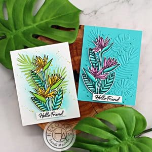 two handmade cards with bird of paradise flowers created with new card making supplies from Hero Arts