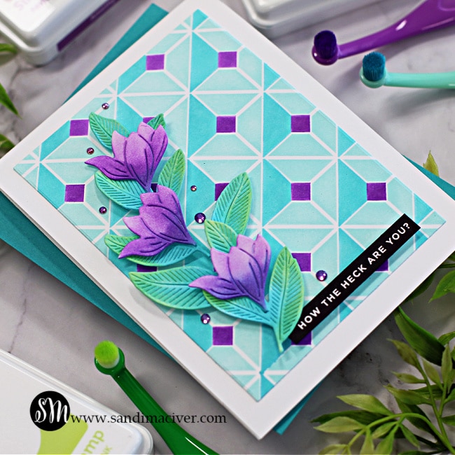 handmade greeting card in blues and purples using new card making supplies from Simon Says Stamp